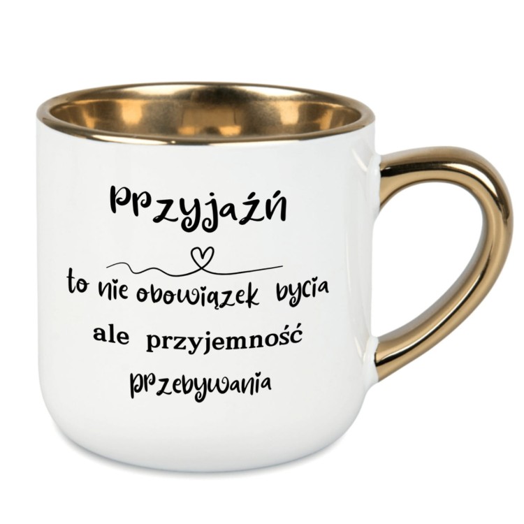 Elegancki kubek personalizowany z imieniem, dwustronny nadruk o przyjaźni, biała porcelana, złote wykończenia
