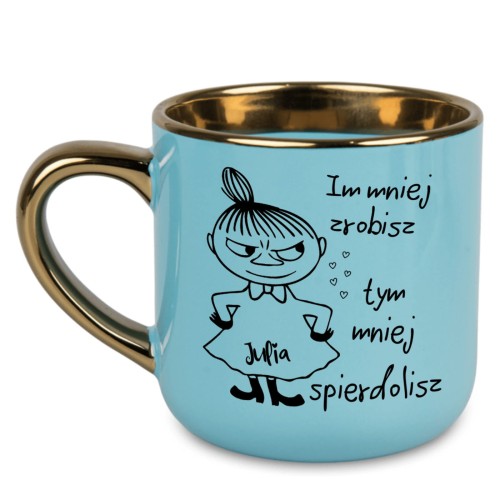 personalizowany niebieski kubek z Małą Mi imię na sukience prezent dla przyjaciółki