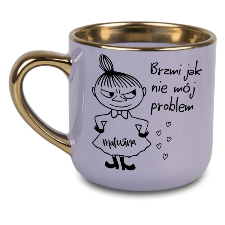 personalizowany fioletowy kubek z Małą Mi imię na sukience prezent dla kobiety