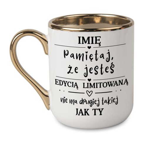 kubek biały ze złotym rantem i złotym uchem personalizowany imieniem