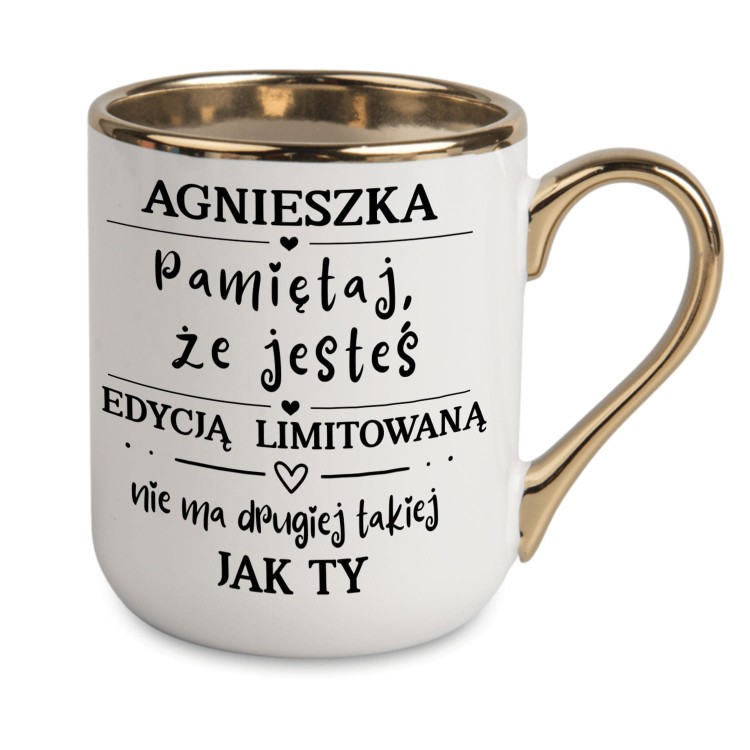 kubek personalizowany z imieniem biały złote ucho i rant