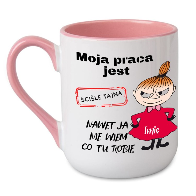 kubek personalizowany z Małą Mi i napisem moja praca jest ściśle tajna