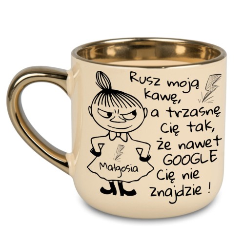 Personalizowany kubek kremowy ze złotym rantem i uchem – postać Mała Mi