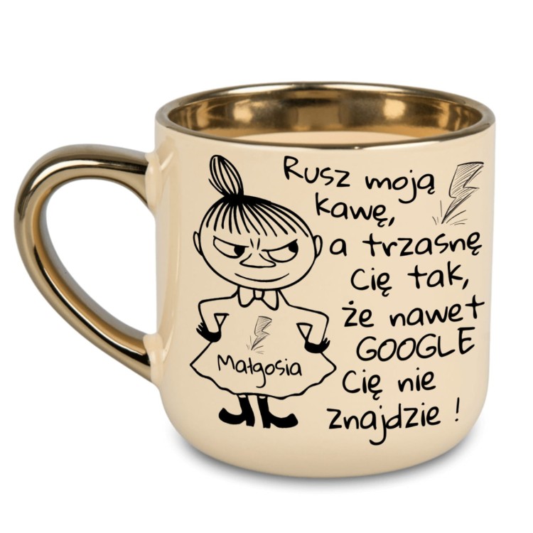 Personalizowany kubek kremowy ze złotym rantem i uchem – postać Mała Mi