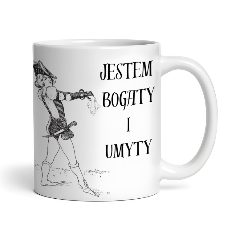 śmieszny kubek z napisem jestem bogaty i umyty