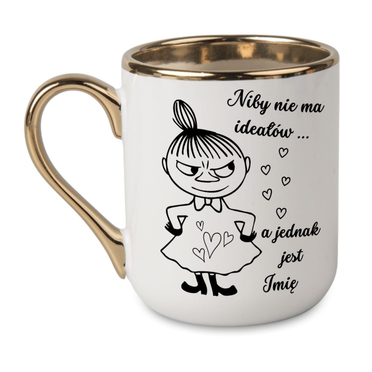 Elegancki kubek ceramiczny ze złotym uchem i postacią Małej Mi