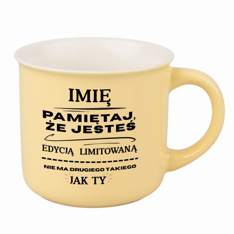 Kubek porcelanowy żółty z personalizacją imienia i napisem „Nie ma drugiego takiego jak Ty”