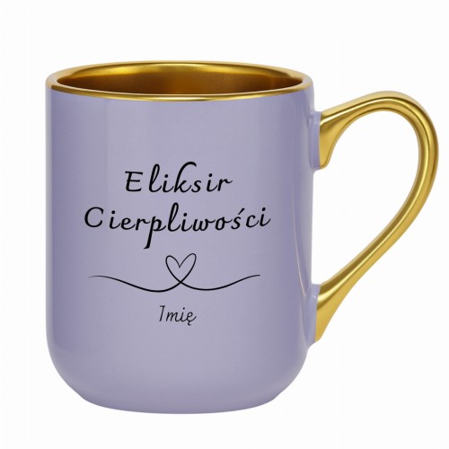 Fioletowy kubek personalizowany Eliksir Cierpliwości ze złotym uchem – prezent dla nauczycielki