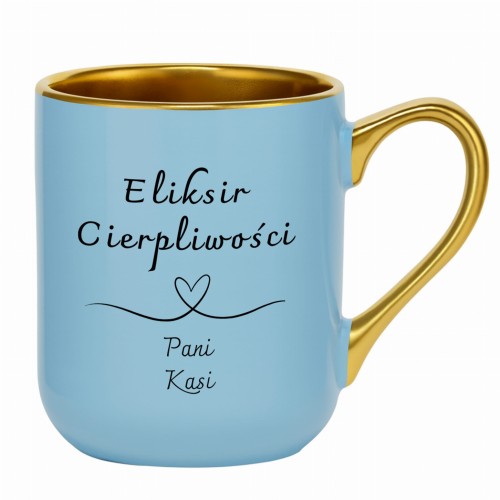 Kubek glamour w kolorze błękitnym z nadrukiem Eliksir Cierpliwości i imieniem Pani Kasia