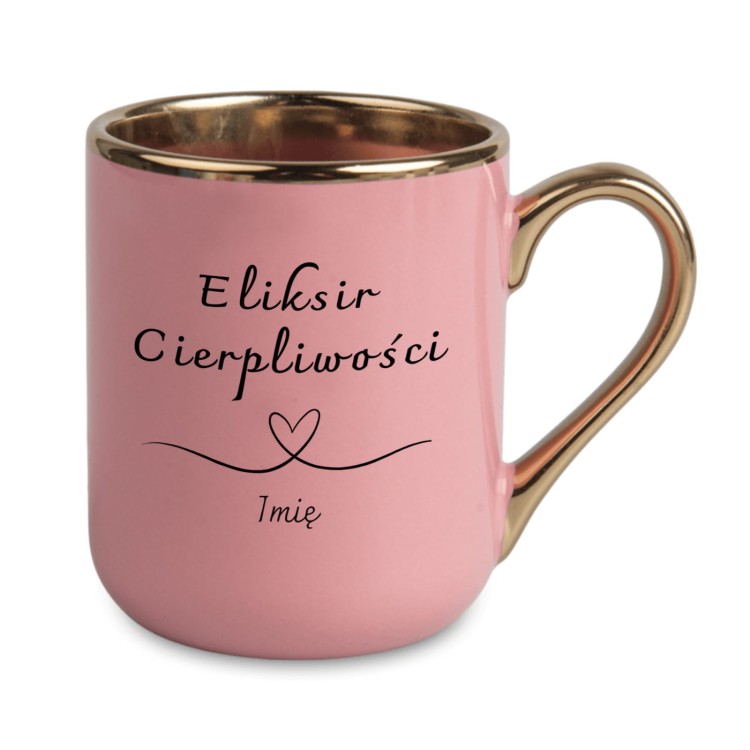 Różowy kubek personalizowany Eliksir Cierpliwości ze złotym uchem – elegancki prezent dla nauczycielki