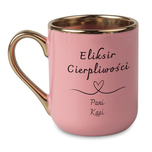 Kubek glamour w kolorze różowym z nadrukiem Eliksir Cierpliwości i imieniem Pani Kasia