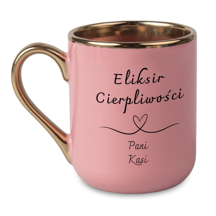 Kubek glamour w kolorze różowym z nadrukiem Eliksir Cierpliwości i imieniem Pani Kasia