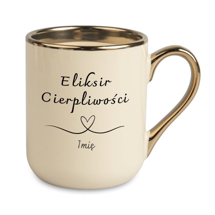 Kremowy kubek personalizowany Eliksir Cierpliwości ze złotym uchem – elegancki prezent dla nauczycielki