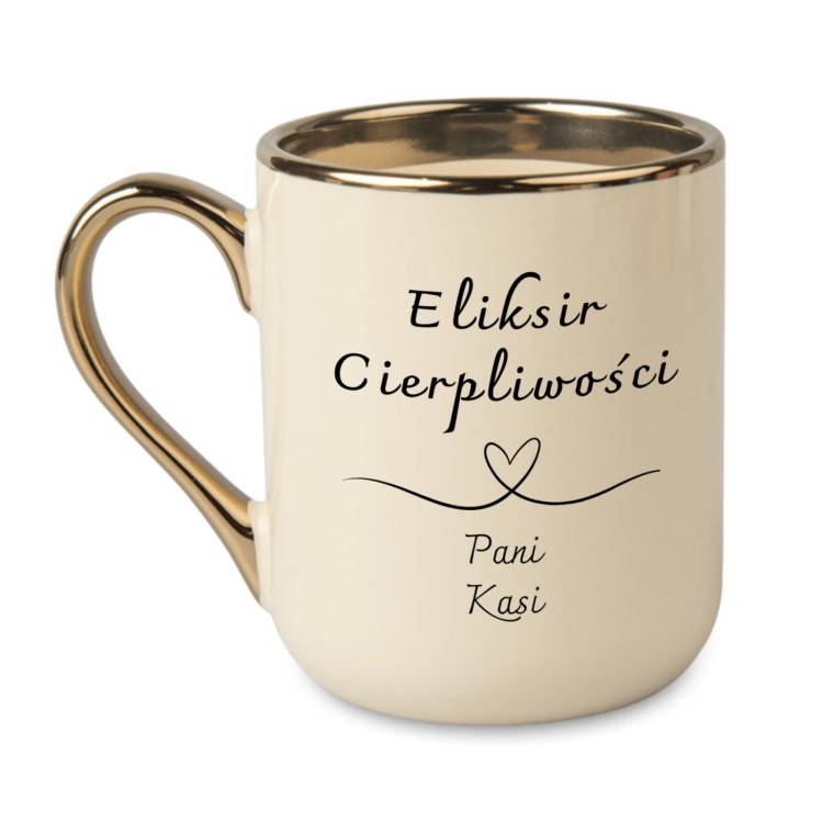 Kubek glamour w kolorze kremowym z nadrukiem Eliksir Cierpliwości i imieniem Pani Kasia