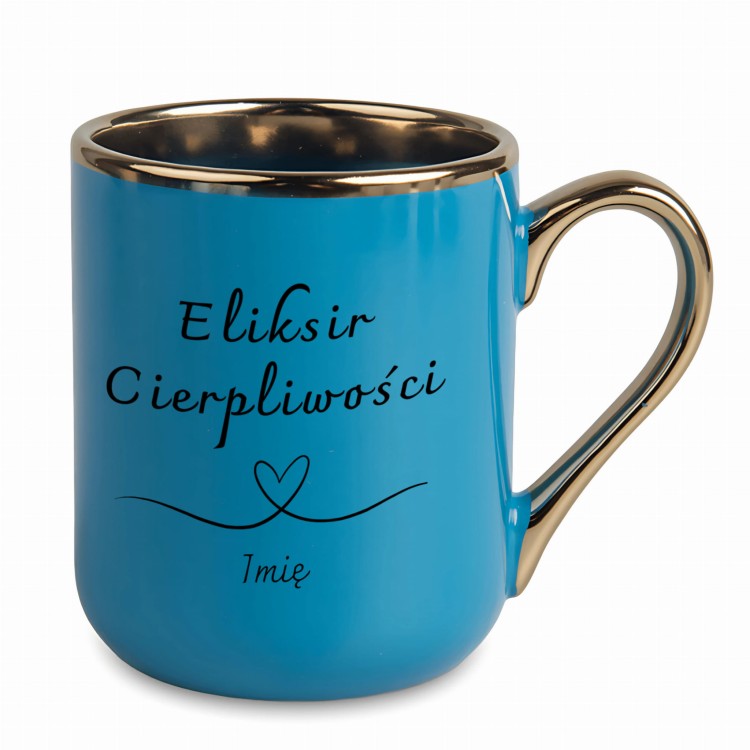 Niebieski kubek personalizowany Eliksir Cierpliwości ze złotym uchem – elegancki prezent dla nauczycielki
