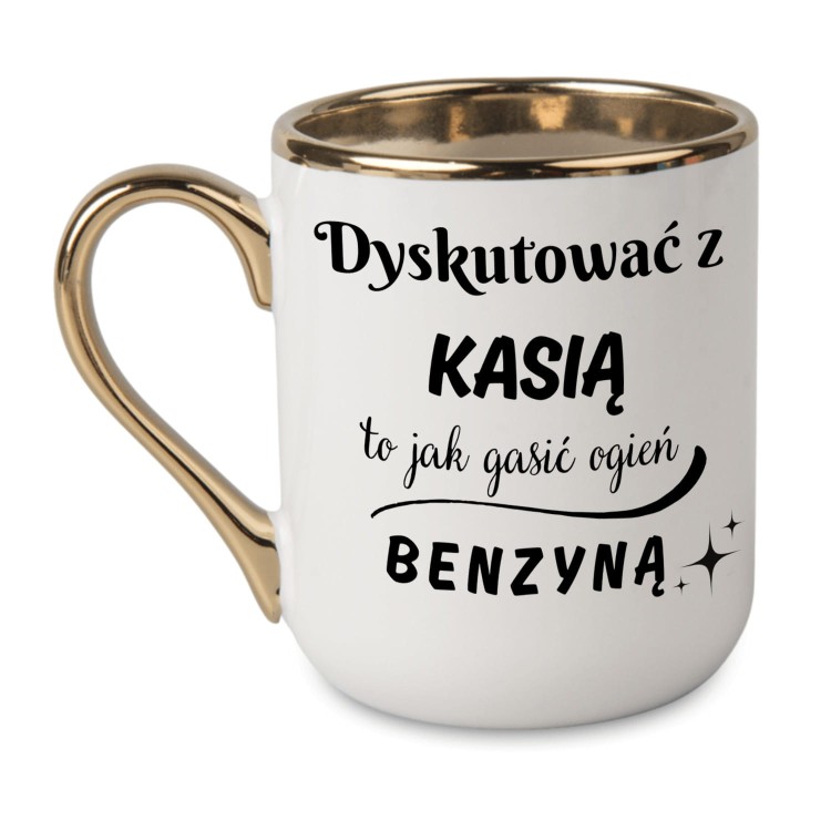 biały kubek glamour ze złotym uchem i nadrukiem po obu stronach