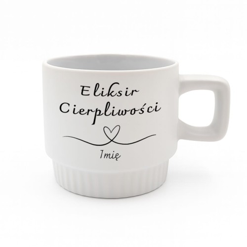 Biały kubek VENTI 300 ml Eliksir Cierpliwości z imieniem, nadruk po obu stronach