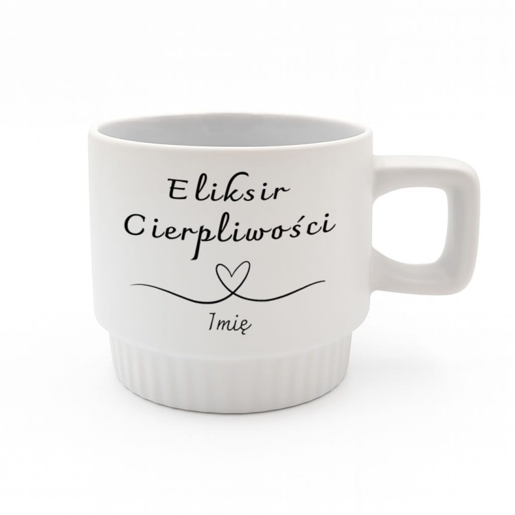 Biały kubek VENTI 300 ml Eliksir Cierpliwości z imieniem, nadruk po obu stronach