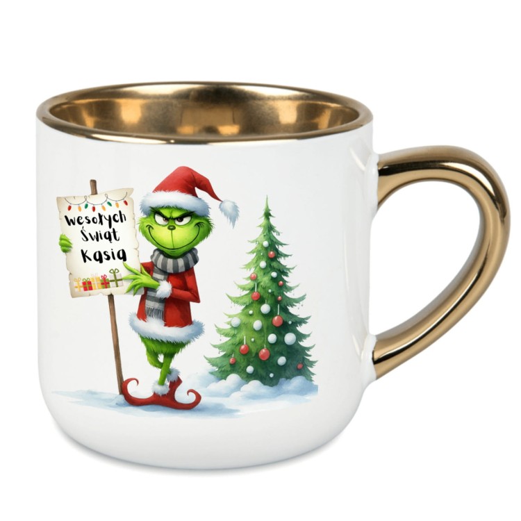 kubek świąteczny Grinch z napisem Wesołych Świąt Kasia