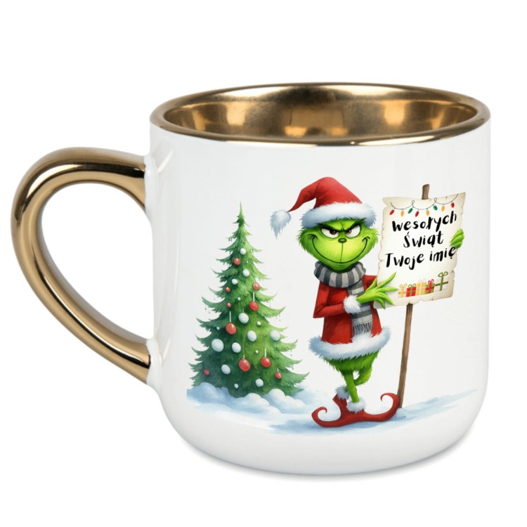 elegancki kubek ze złotym uchem i choinką Grinch 400 ml