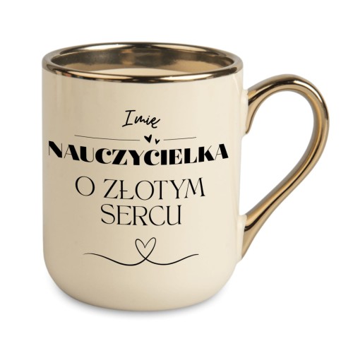prezent dla nauczyciela kubek kremowy ze złotym rantem i uchem
