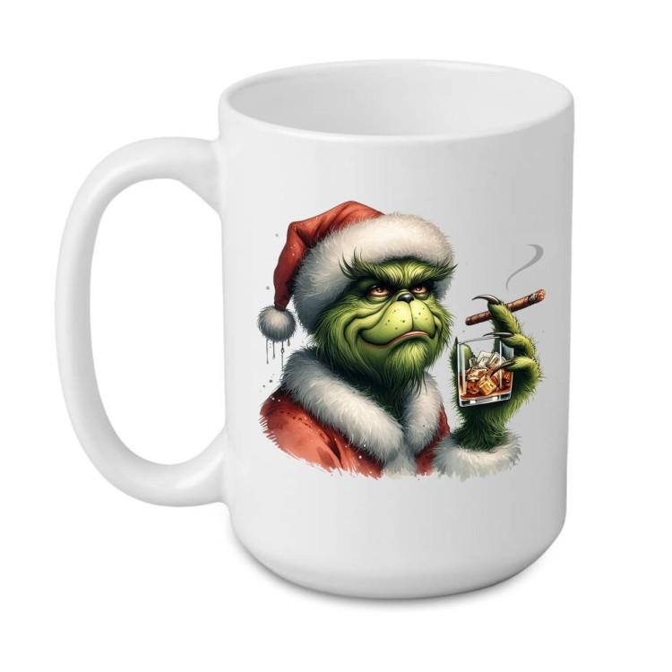 Kubek ceramiczny z dwustronnym nadrukiem – Grinch z whisky i ironiczny napis świąteczny