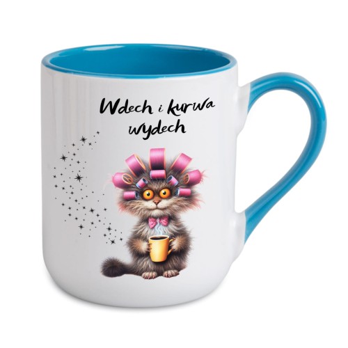 niebieski Kubek z kotem i napisem Wdech i k**wa wydech