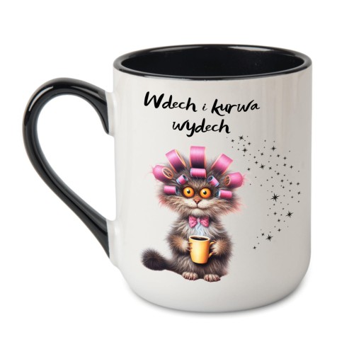 czarny Kubek z kotem i napisem Wdech i k**wa wydech