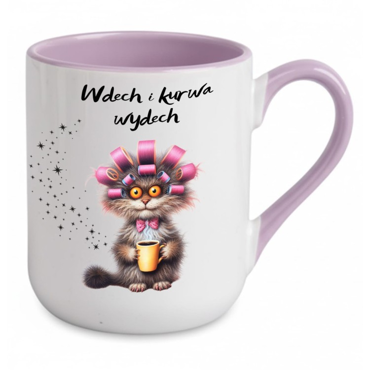 fioletowy Kubek z kotem i napisem Wdech i k**wa wydech