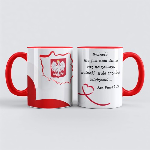 Czerwony Kubek z cytatem Jana Pawła II i godłem Polski