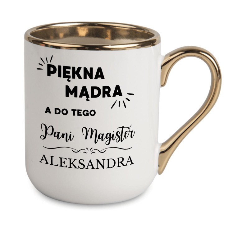 kubek pani magister piękna mądra personalizowany imieniem biały ze złotym rantem alexgrawer