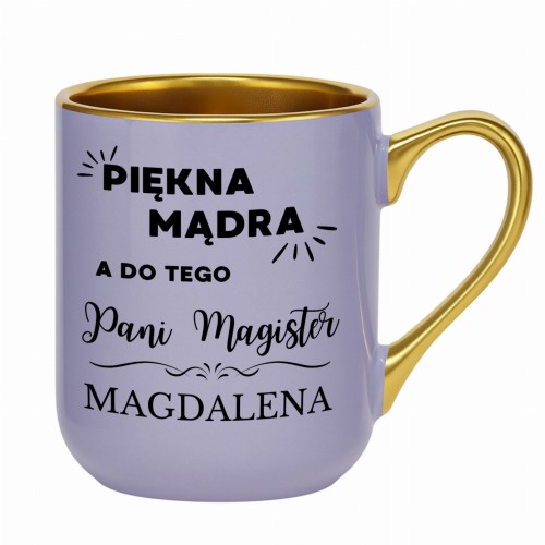 fioletowy kubek pani magister piękna mądra personalizowany imieniem ze złotym rantem alexgrawer