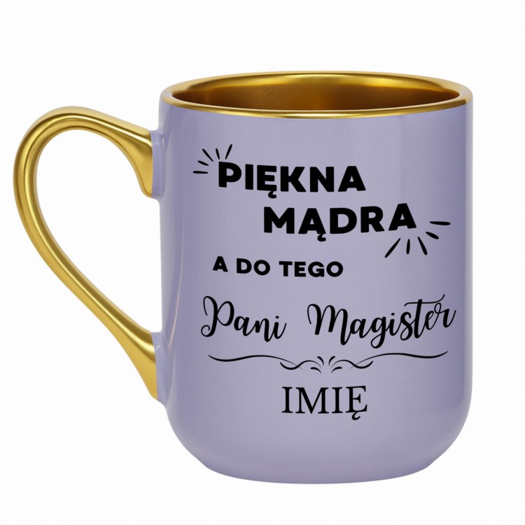 elegancki fioletowy kubek ze złotym uchem i napisem pani magister prezent dla absolwentki alexgrawer