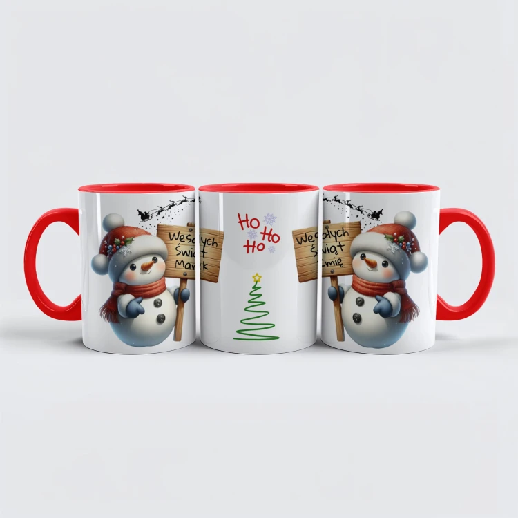 czerwony personalizowany kubek Wesołych Świąt z choinką