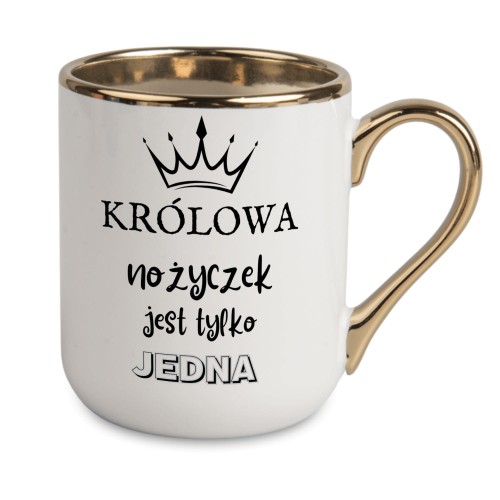 kubek królowa nożyczek biały ze złotym rantem i uchem