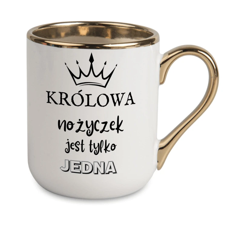 kubek królowa nożyczek biały ze złotym rantem i uchem