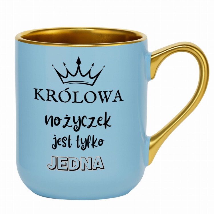 prezent dla fryzjerki niebieski kubek ze złotym rantem