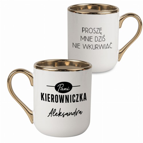 kubek pani kierowniczka biały ze złotym rantem i uchem