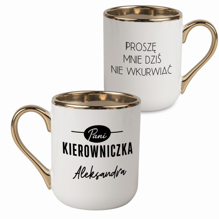 kubek pani kierowniczka biały ze złotym rantem i uchem