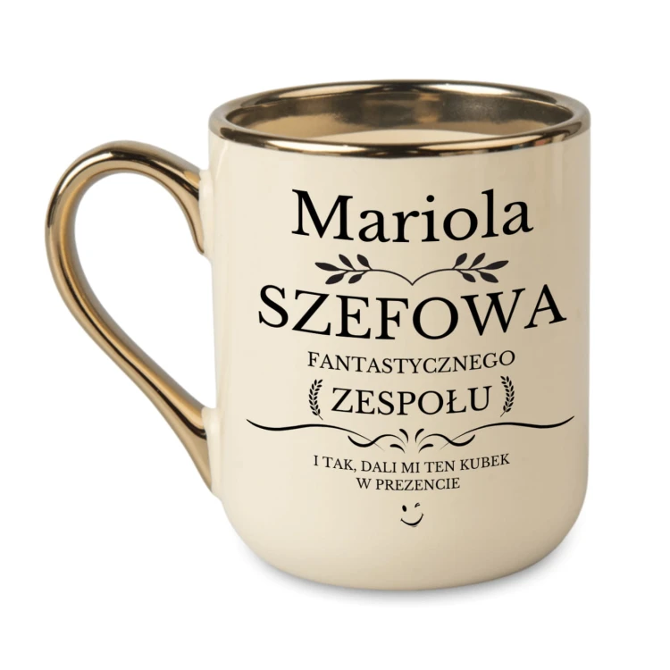 kubek dla szefowej kremowy ze złotym rantem