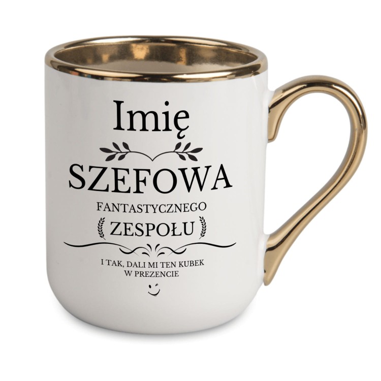 biały kubek dla szefowej ze złotym rantem