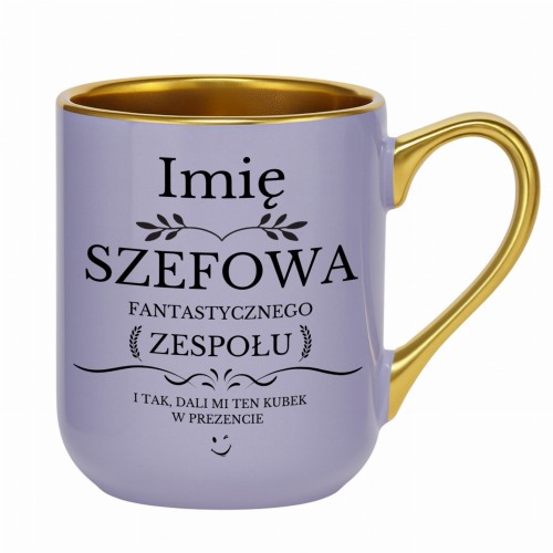 fioletowy kubek dla szefowej ze złotym rantem