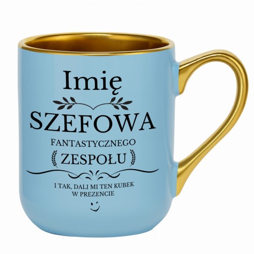 jasnoniebieski kubek dla szefowej ze złotym rantem