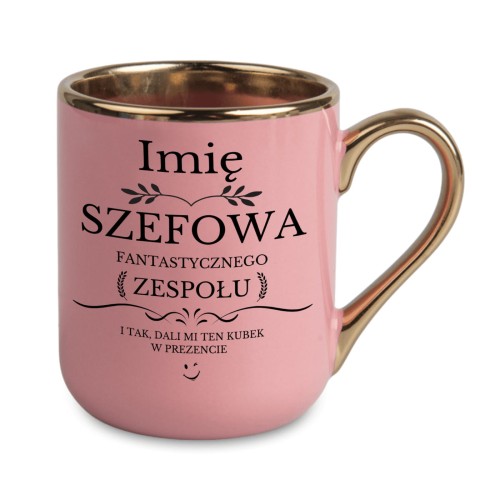 różowy kubek dla szefowej ze złotym rantem