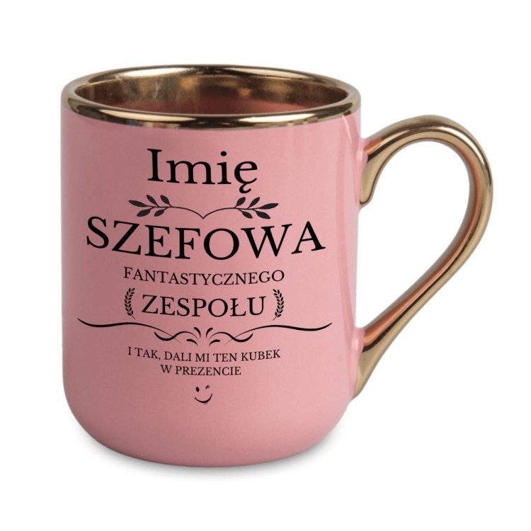 różowy kubek dla szefowej ze złotym rantem