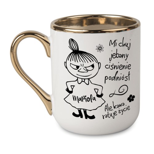 personalizowany biały kubek z imieniem na sukience Małej Mi