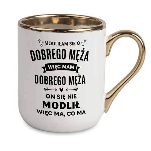 biały kubek z napisem modliłam się o dobrego męża
