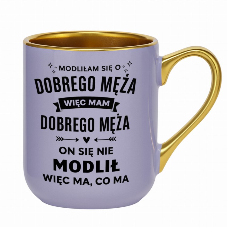 fioletowy kubek z napisem modliłam się o dobrego męża
