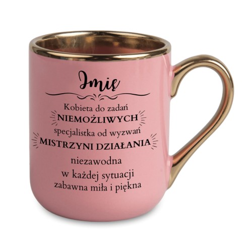 kubek z imieniem dla kobiety różowy ze złotym rantem i uchem