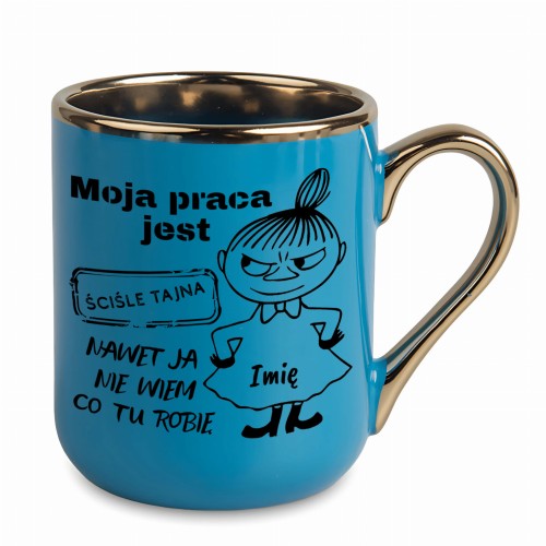 niebieski kubek z napisem Moja praca jest ściśle tajna